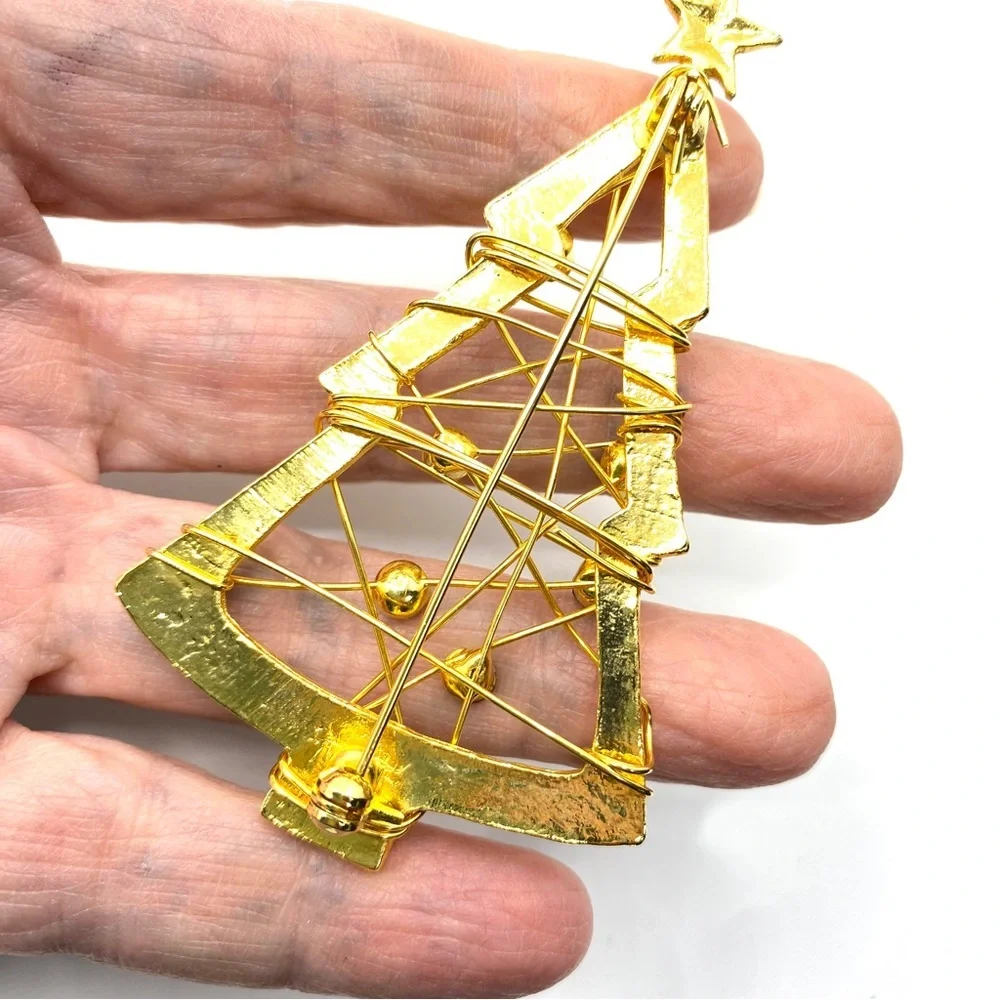 Christmas Tree Brooch Large Goldtone Modern Style With Rhinestones